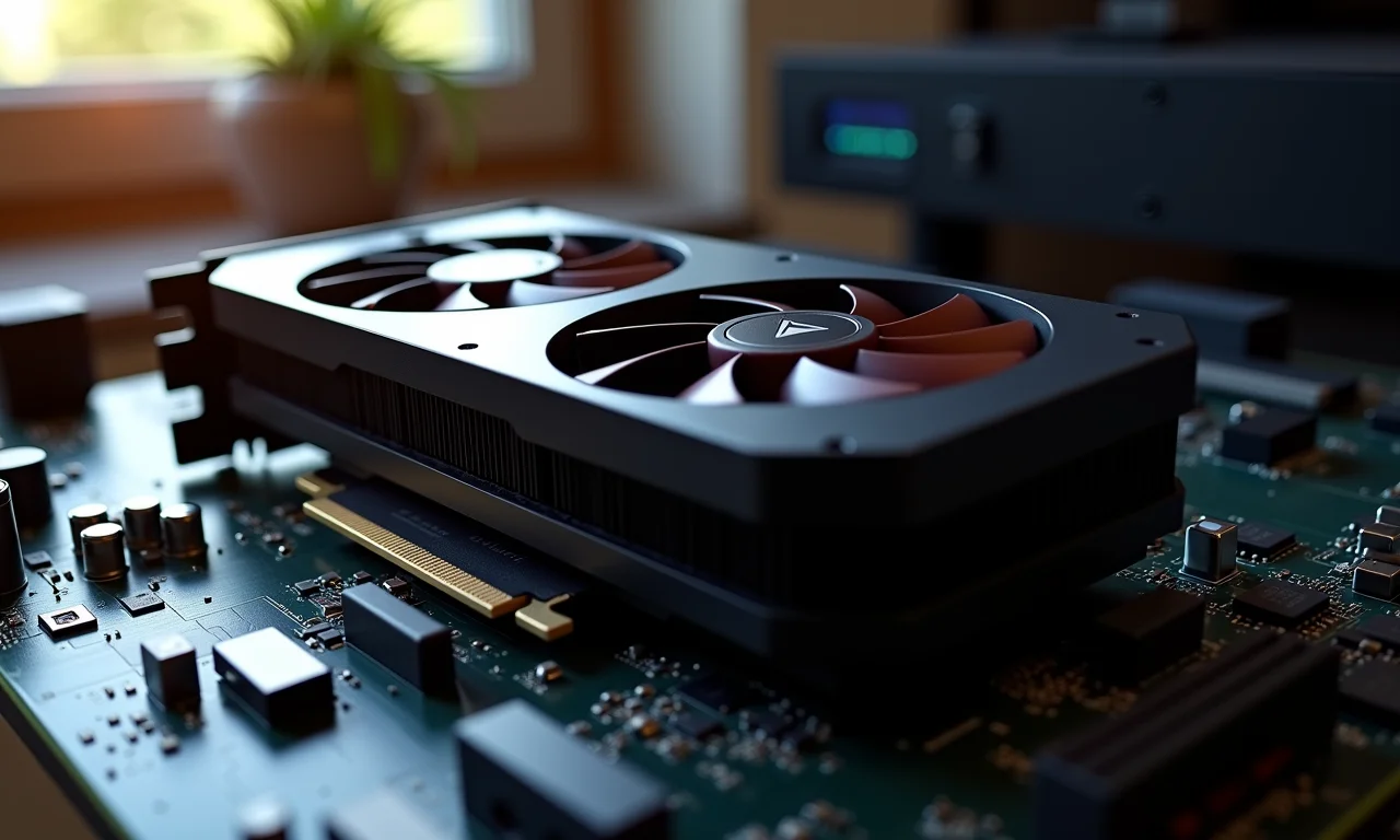 Placa de vídeo de alta performance instalada em uma placa-mãe.