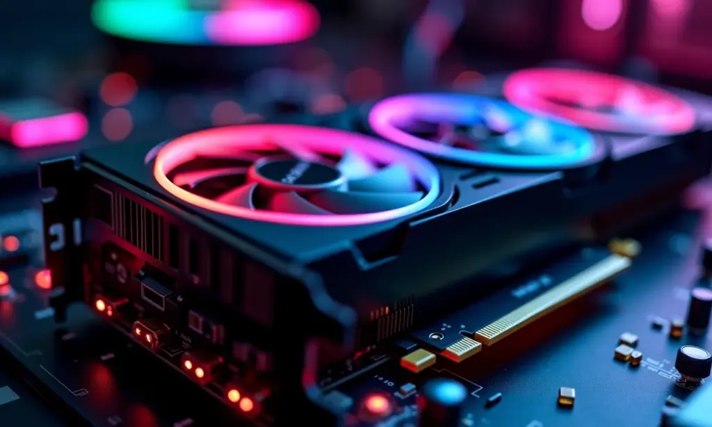 Placa de vídeo de última geração com iluminação RGB vibrante.
