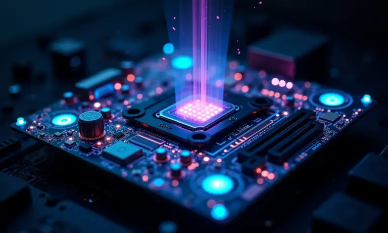 Placa-mãe futurista com circuitos brilhantes e projeções holográficas, representando o futuro do hardware de PC.