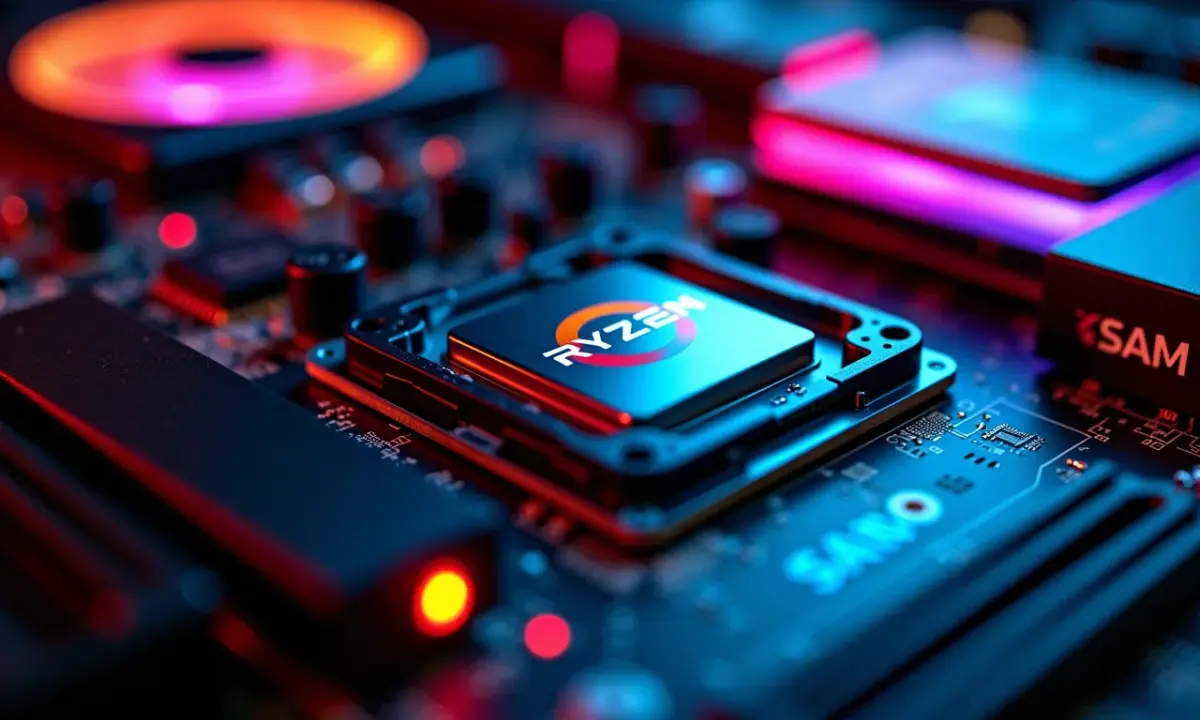 Placa-mãe moderna com CPU AMD Ryzen e GPU Radeon demonstrando a tecnologia SAM.