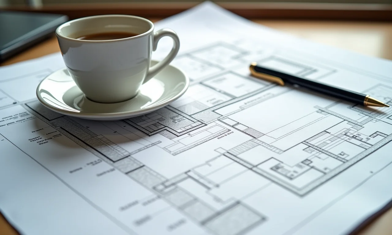 Plantas arquitetônicas com caneta e café, representando design patterns que utilizam herança.