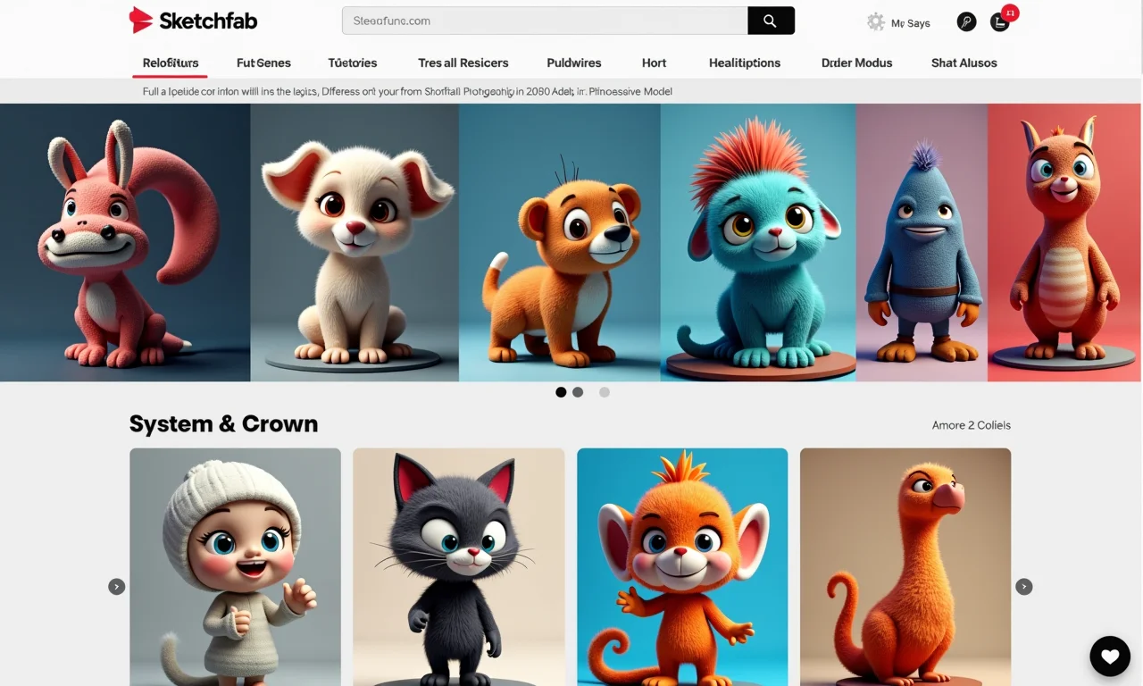Plataforma Sketchfab exibindo diversos modelos 3D.