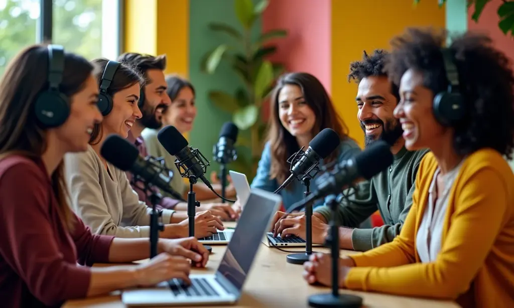Podcasters diversos gravando em estúdio aconchegante no Brasil.
