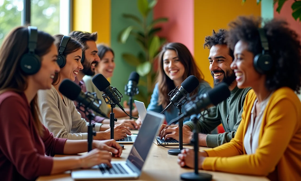 Podcasters diversos gravando em estúdio aconchegante no Brasil.