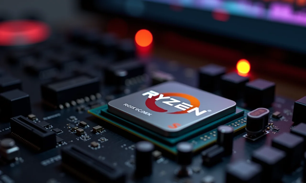 Processador AMD Ryzen 5 em placa-mãe, com timeline de edição de vídeo visível ao fundo.