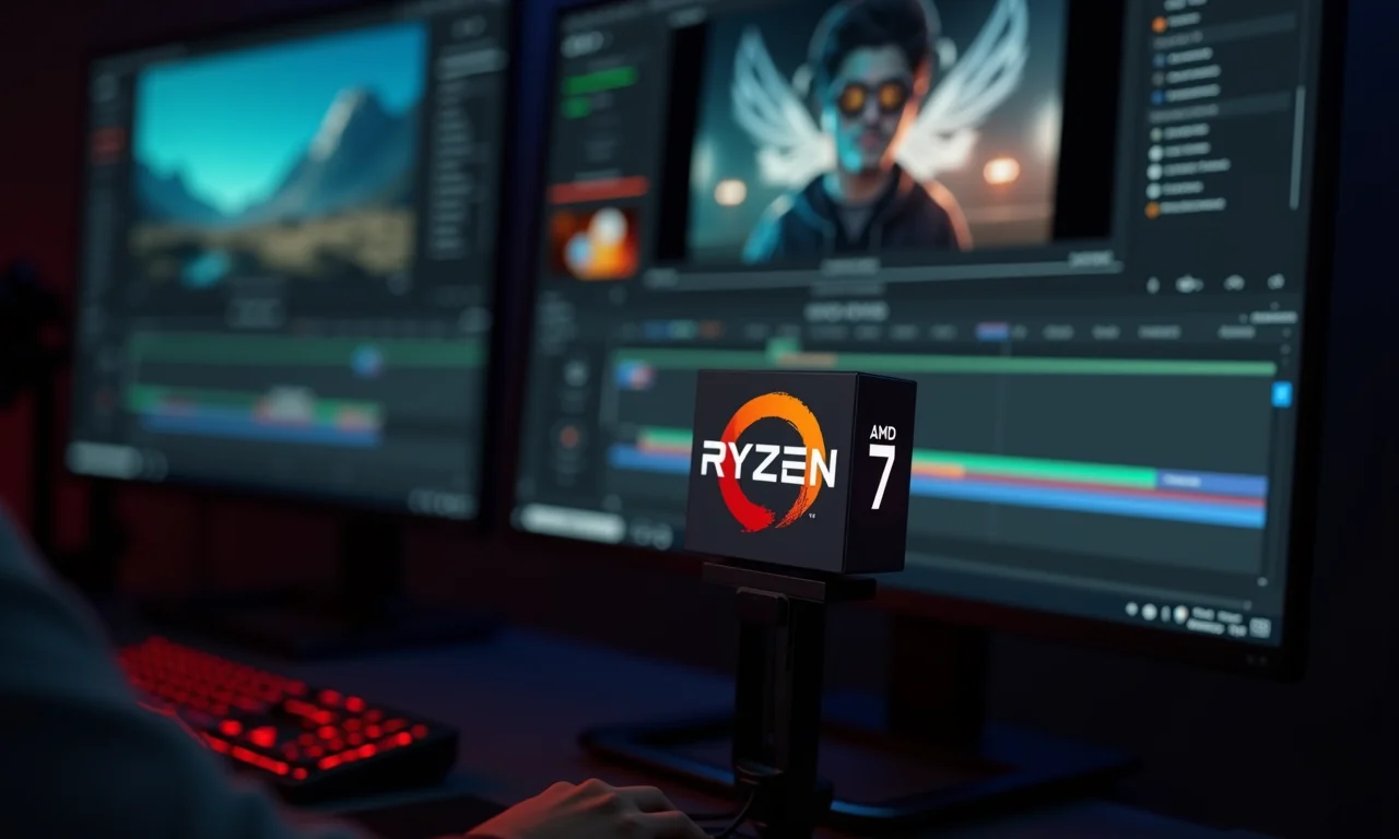 Processador AMD Ryzen 7 instalado em PC gamer, workflow de edição de vídeo complexo visível na tela.