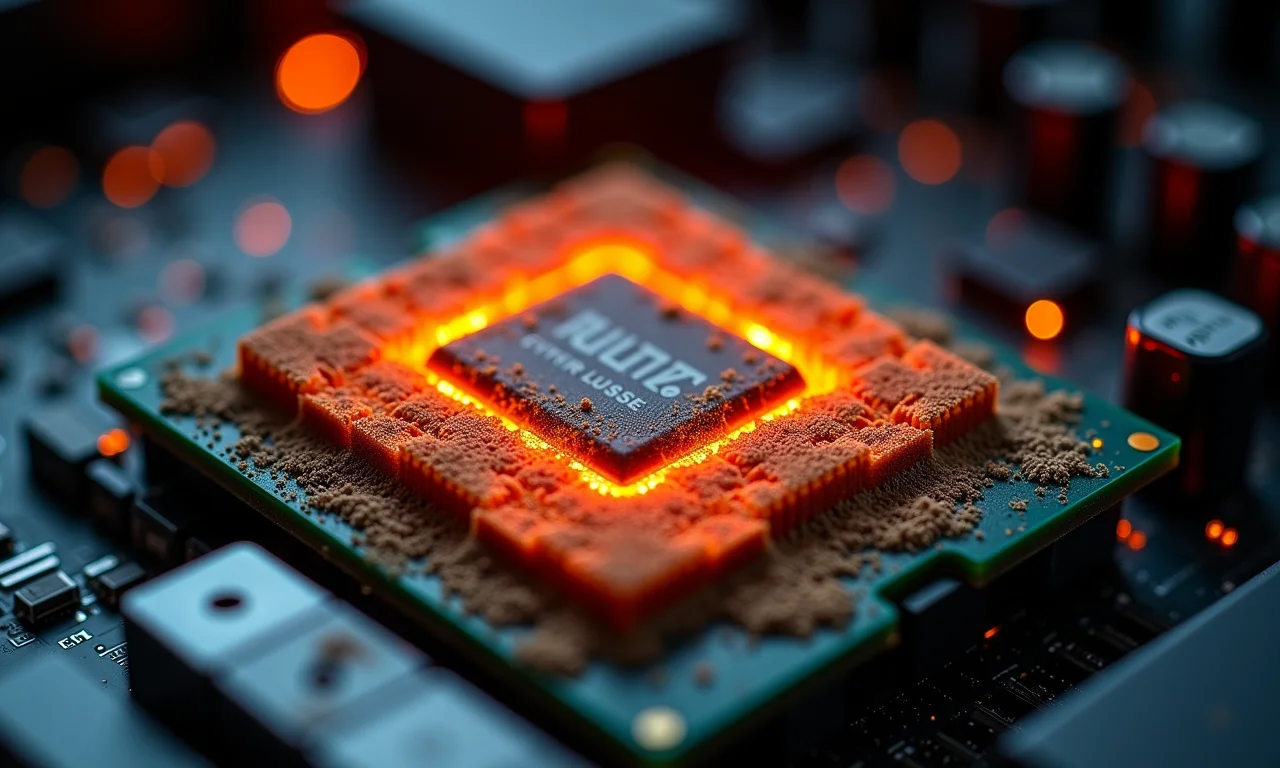 Processador de computador sujo e superaquecido, indicando possível falha.