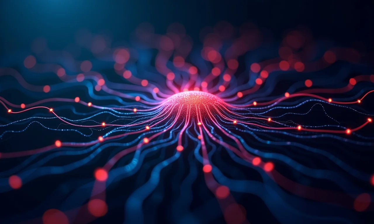 Processador de IA poderoso analisando dados complexos, visualizado como uma rede de nós interconectados.