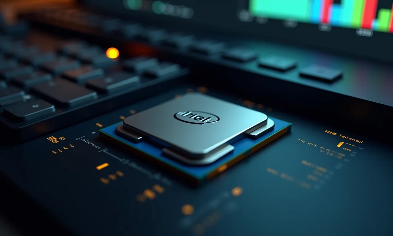 Processador Intel Core i5 em bancada de testes, interface de software de edição de vídeo ao fundo.