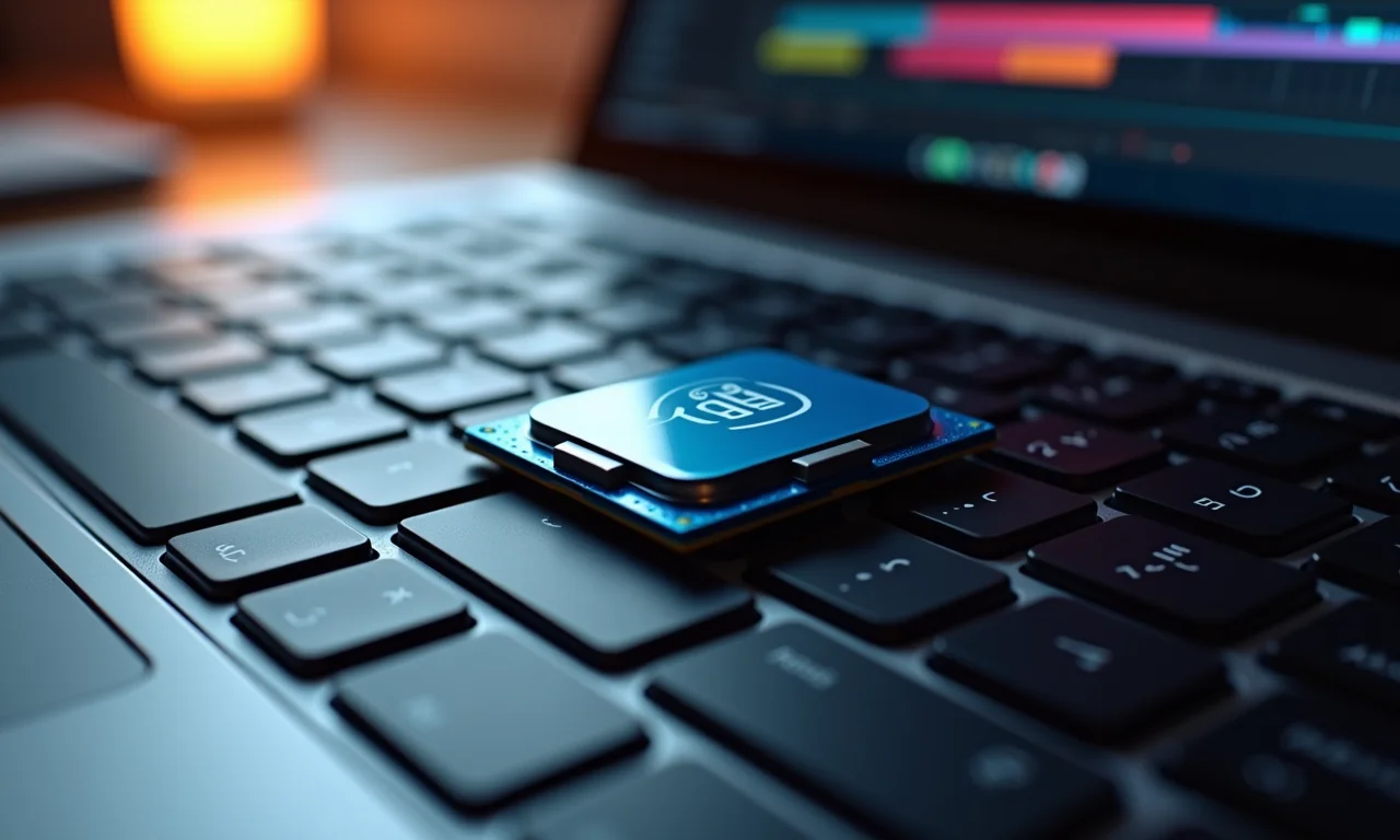 Processador Intel Core i7 em laptop de alta performance com software de edição de vídeo aberto.