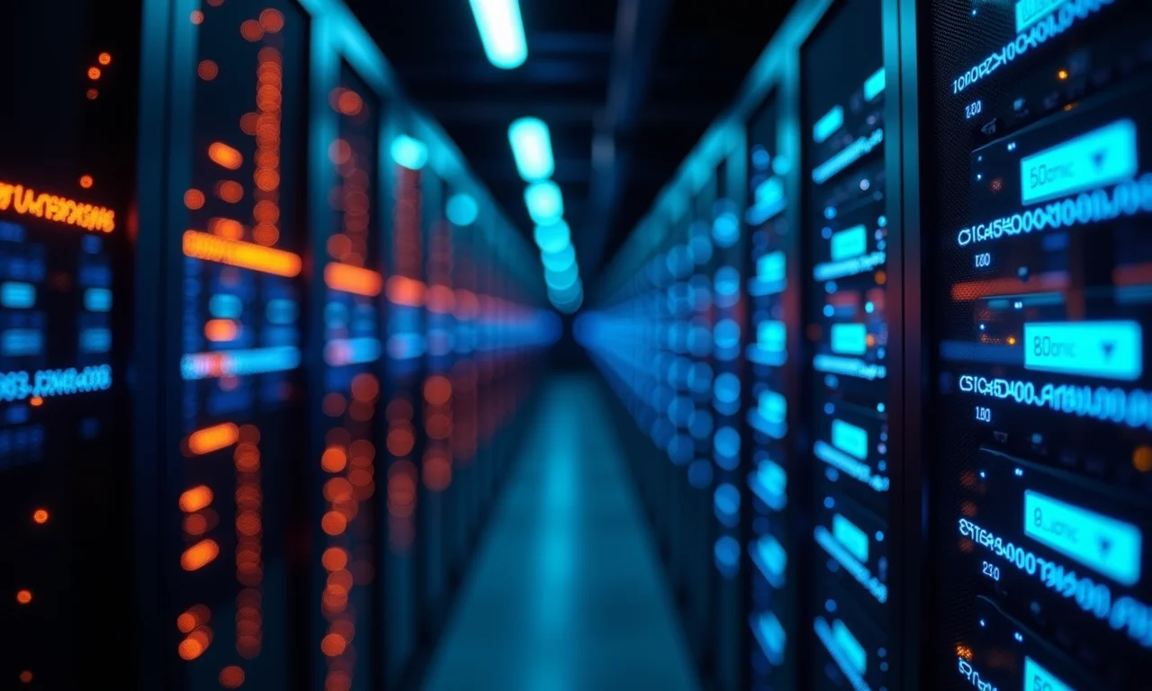 Processamento de dados em alta velocidade, sala de servidores com luzes piscando.