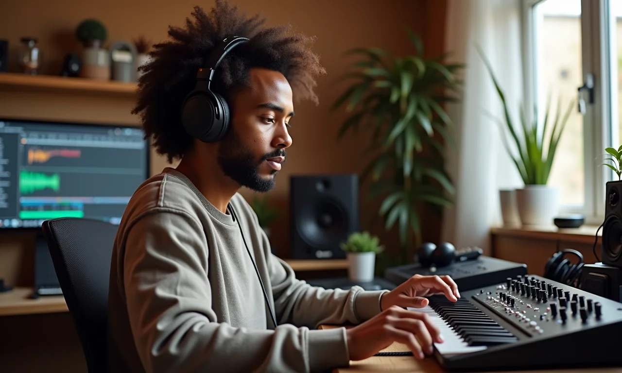 Produtor musical utilizando interface de áudio em estúdio.