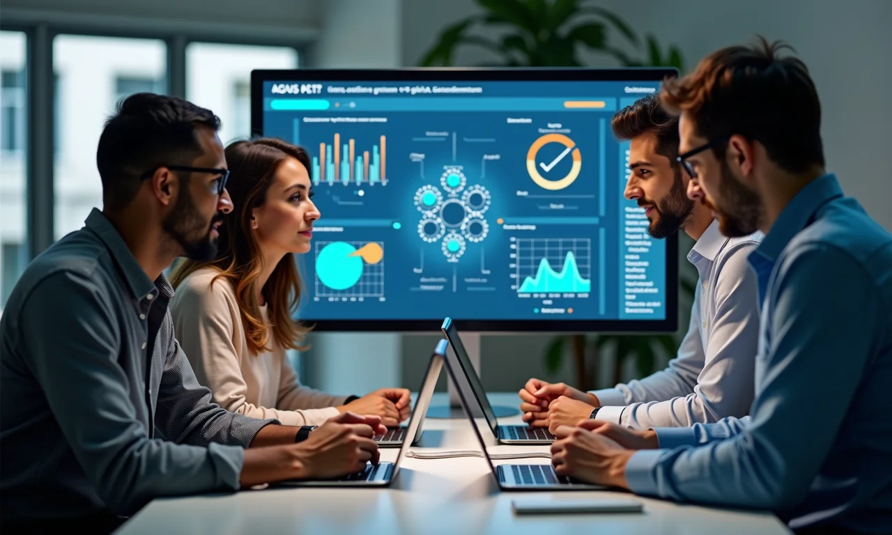 Profissionais de TI diversos analisando os benefícios de um API Gateway em um painel colaborativo.