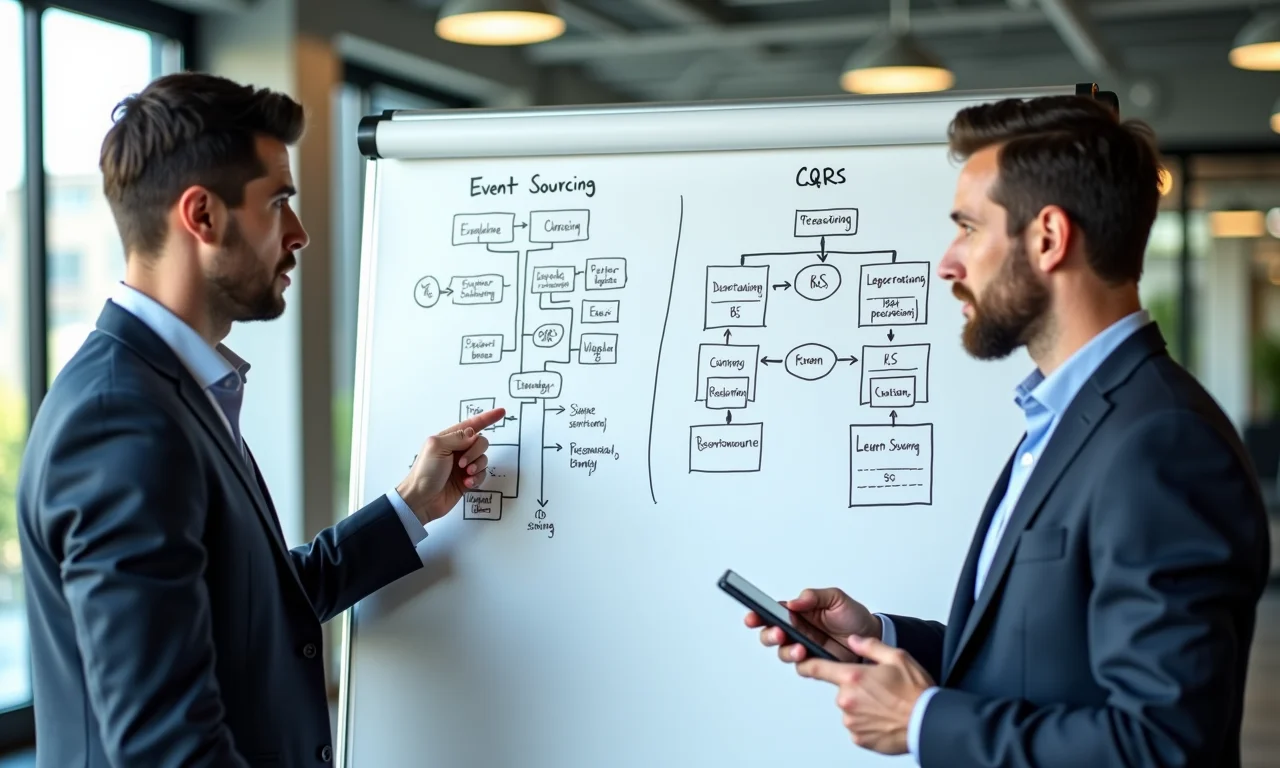 Profissionais discutindo diagramas de Event Sourcing e CQRS em um quadro branco no escritório.