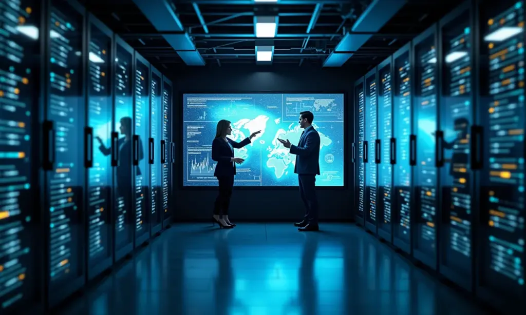 Profissionais diversos trabalhando em sala de servidores analisando dados.