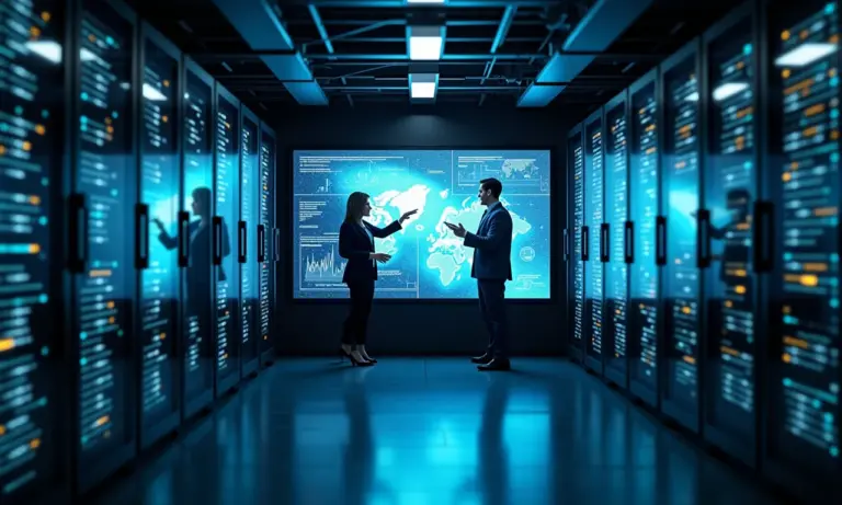 Profissionais diversos trabalhando em sala de servidores analisando dados.