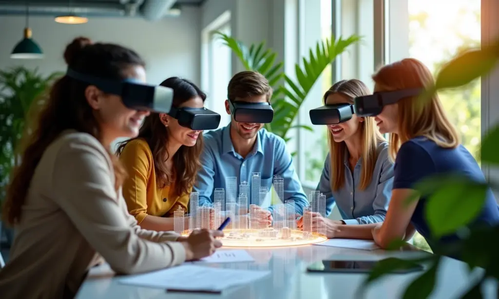 Profissionais diversos usando óculos de RA colaborando em design holográfico de cidade.
