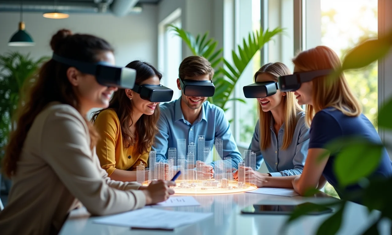 Profissionais diversos usando óculos de RA colaborando em design holográfico de cidade.
