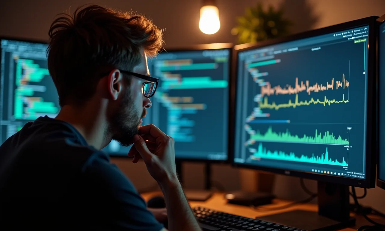 Programador analisando métricas de uso de CPU, refletindo sobre a eficiência das goroutines.