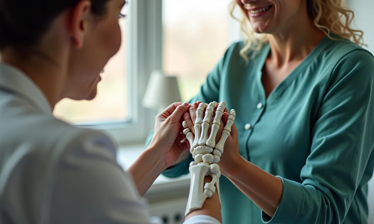 Prótese de mão impressa em 3D sendo adaptada em uma mulher.
