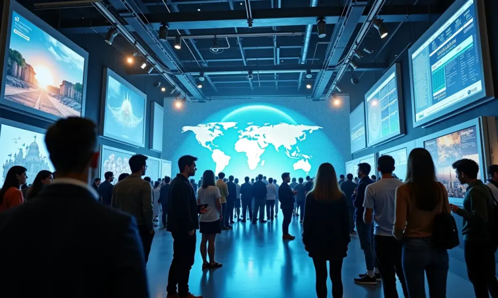 Público diversificado admirando inovações tecnológicas em exposição de hardware.