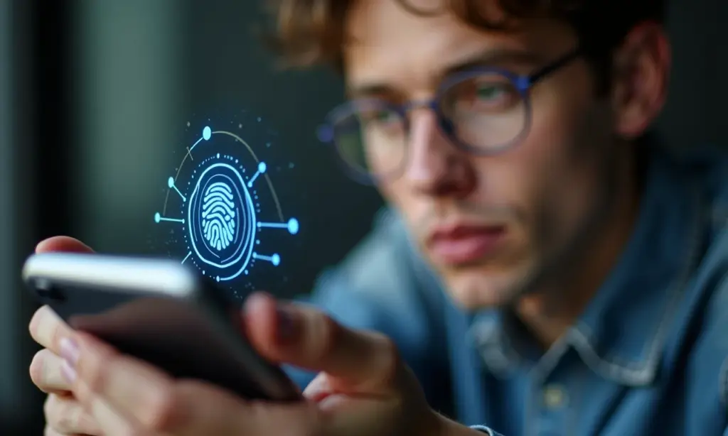 Reconhecimento facial biométrico desbloqueando um smartphone.