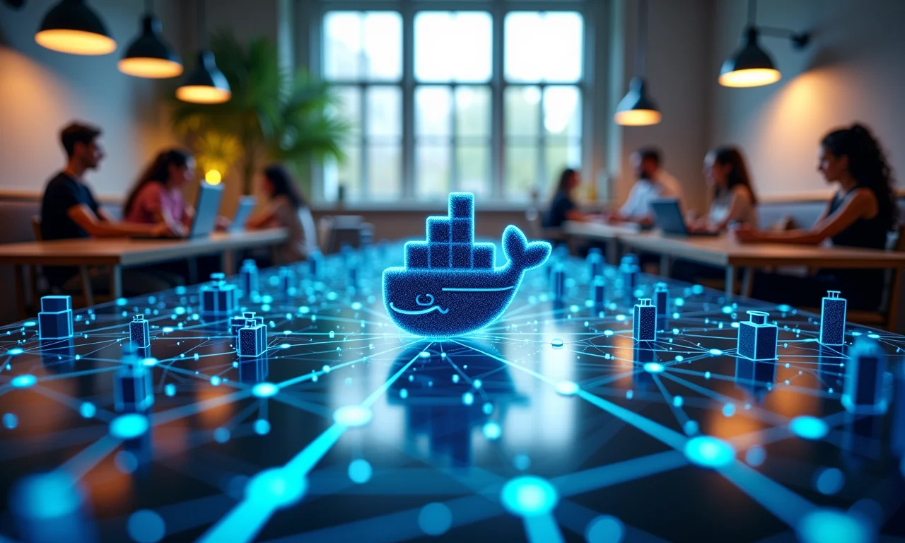 Rede descentralizada de nós Docker, cada nó visualizado como um espaço de coworking interconectado.