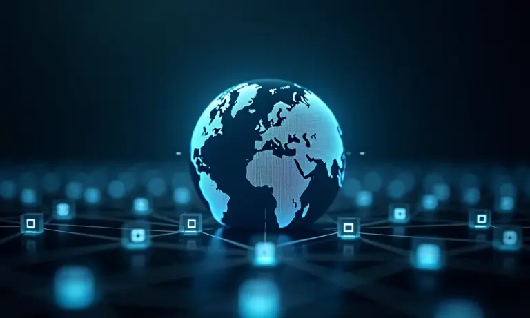 Rede global de computadores conectados por um domínio .com, representando alcance mundial.