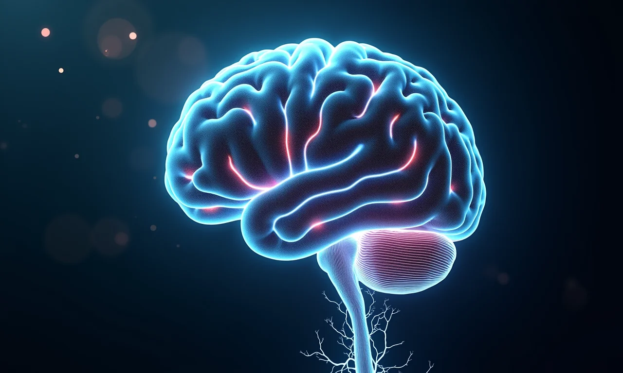 Representação abstrata de um cérebro digital com código fluindo, simbolizando a inteligência artificial.