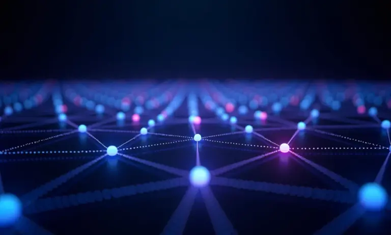 Representação visual da Indústria 4.0 com redes neurais interconectadas.