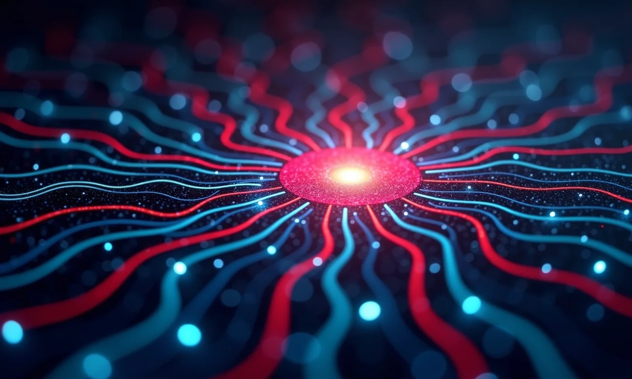 Representação visual de Event Sourcing com fluxos de dados convergindo em um hub central.