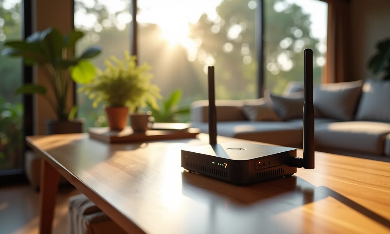 Roteador Wi-Fi 7 em um lar brasileiro moderno, transmitindo dados para vários dispositivos.