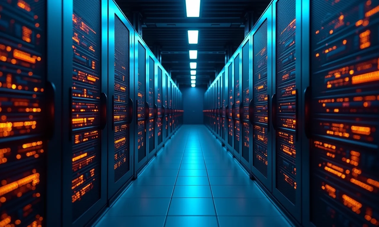 Sala de servidores de alta tecnologia com circuitos brilhantes e fluxos de dados.