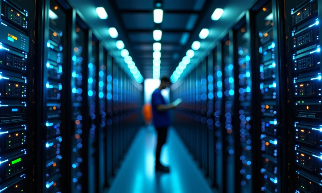 Sala de servidores dedicados com técnicos trabalhando e foco nos cabos.