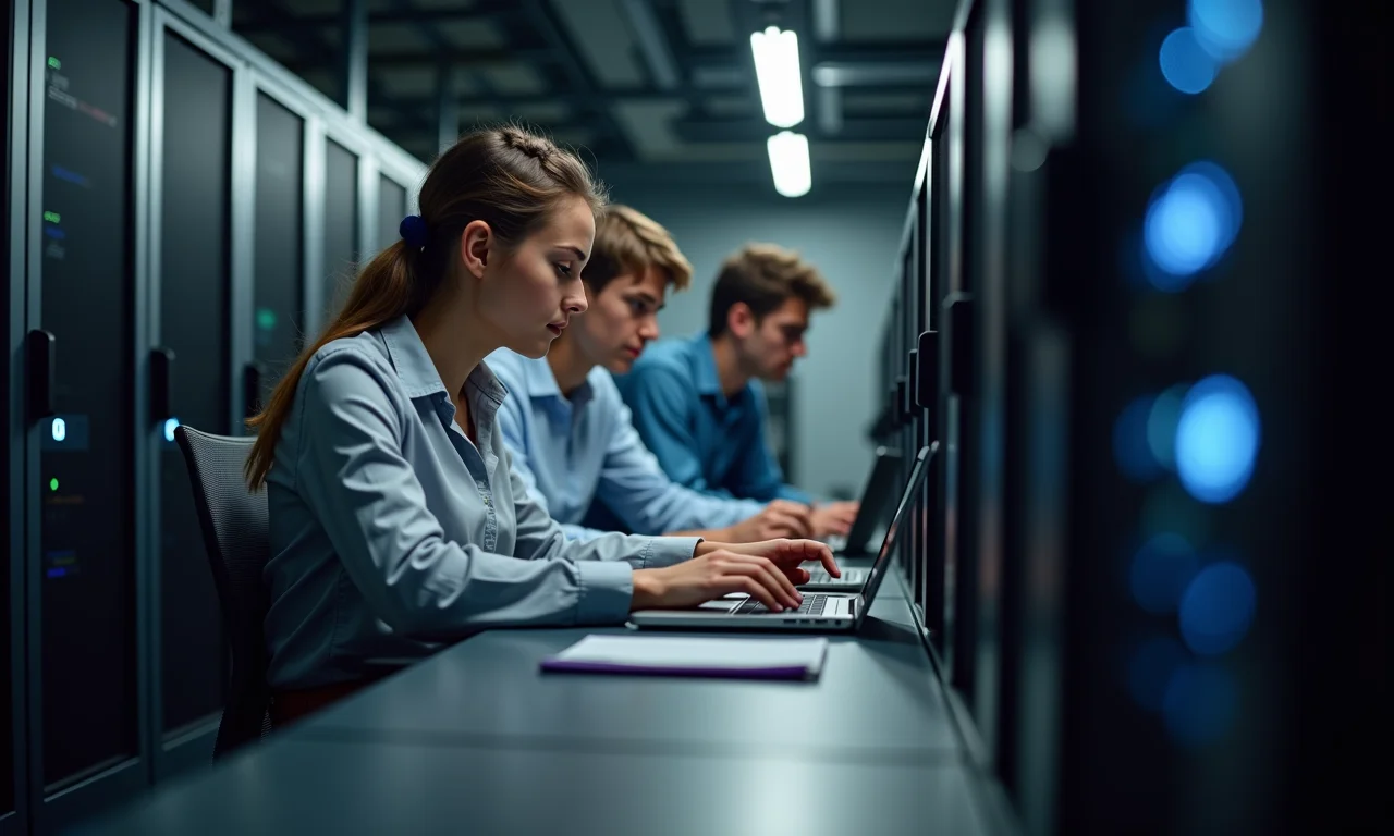 Sala de servidores on-premise com profissionais de TI trabalhando.