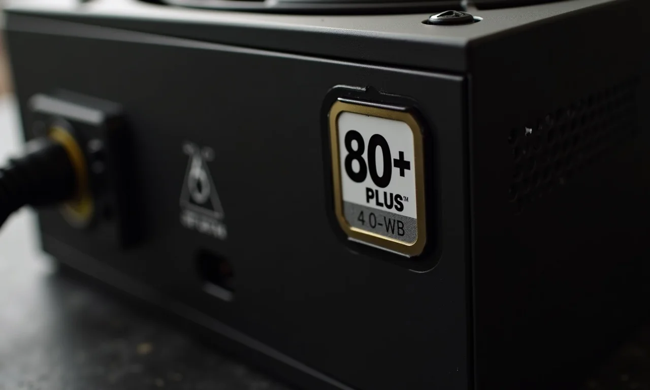 Selo de certificação 80 Plus em uma fonte de alimentação de PC.