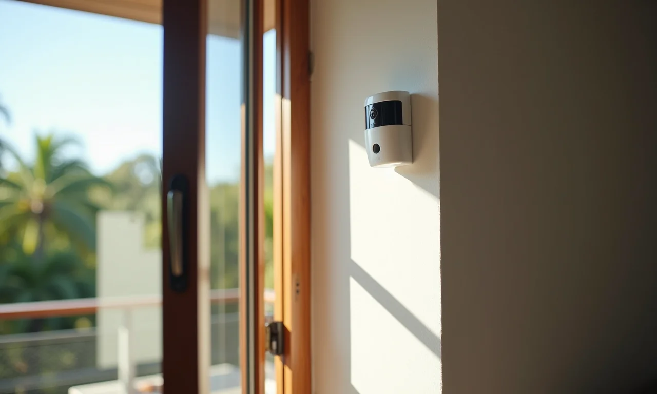 Sensor de abertura ativado em janela de residência brasileira monitorada por câmera IP.