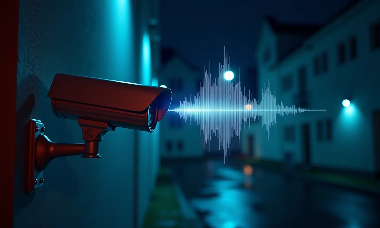 Sensor de som detectando ruído em ambiente residencial monitorado por câmera IP.