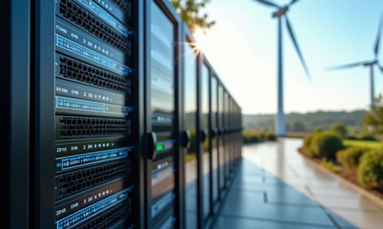 Servidor edge computing próximo a uma turbina eólica, processando dados localmente.