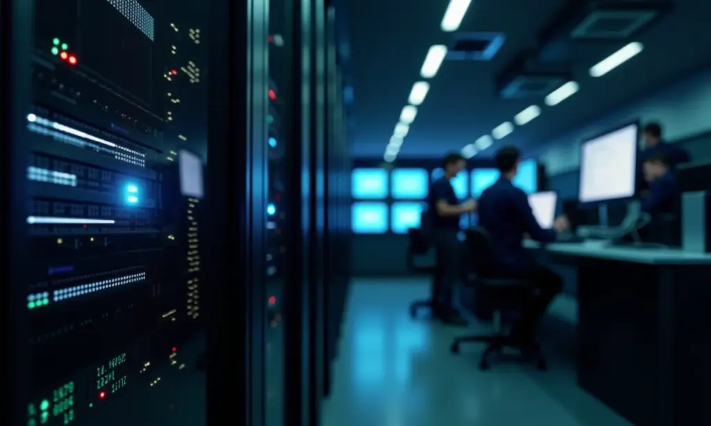 Servidor proxy Squid em sala de servidores com profissionais de TI trabalhando.
