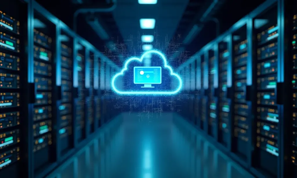 Servidores em sala com máquinas virtuais flutuando, representando o conceito de virtualização.