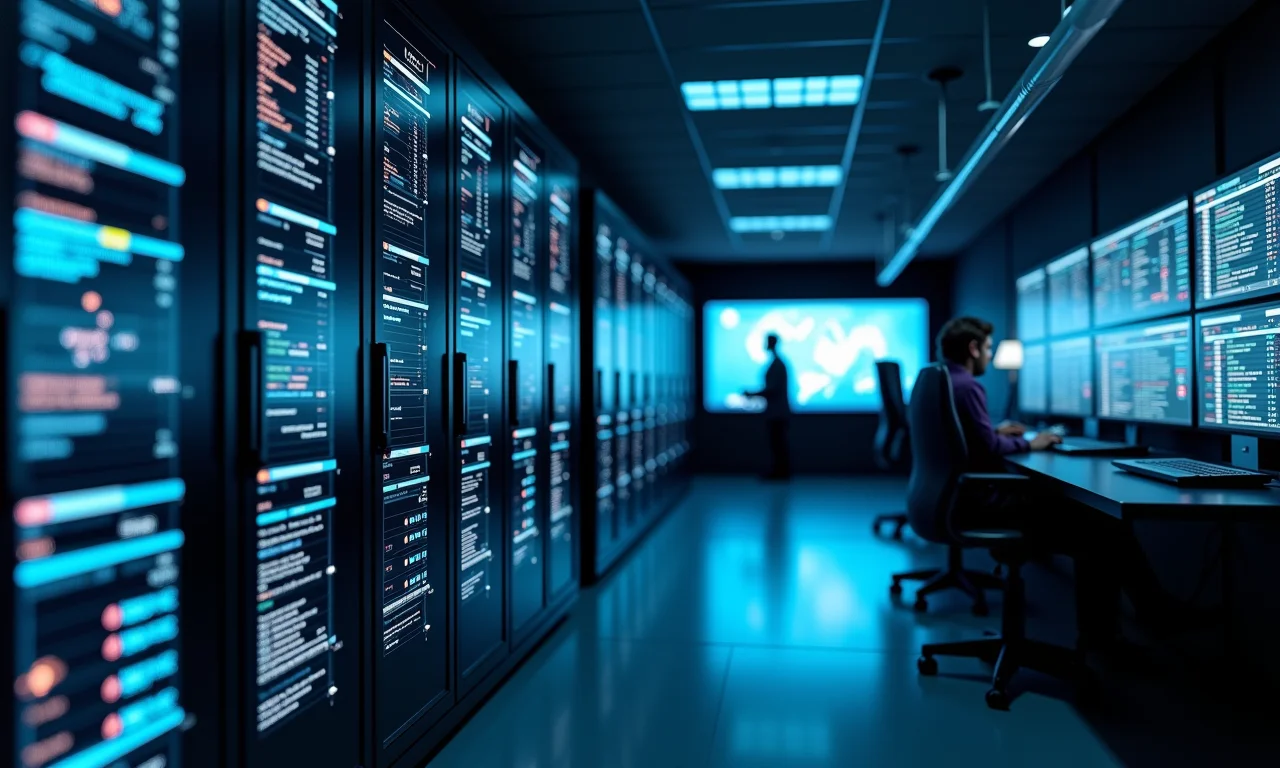 Servidores em sala escura processando logs de tráfego, análise de dados.