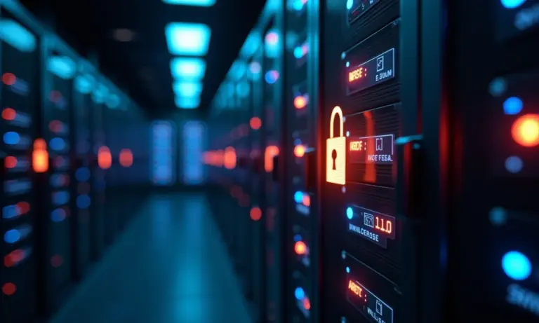 Servidores em sala segura com luzes e cadeados digitais.