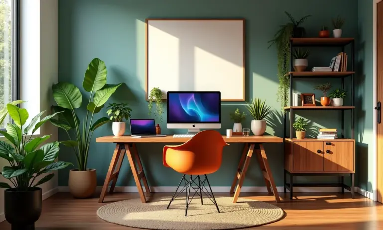 Setup de PC eficiente em escritório brasileiro moderno com luz natural e cores vibrantes.