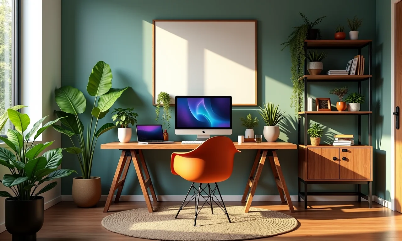 Setup de PC eficiente em escritório brasileiro moderno com luz natural e cores vibrantes.