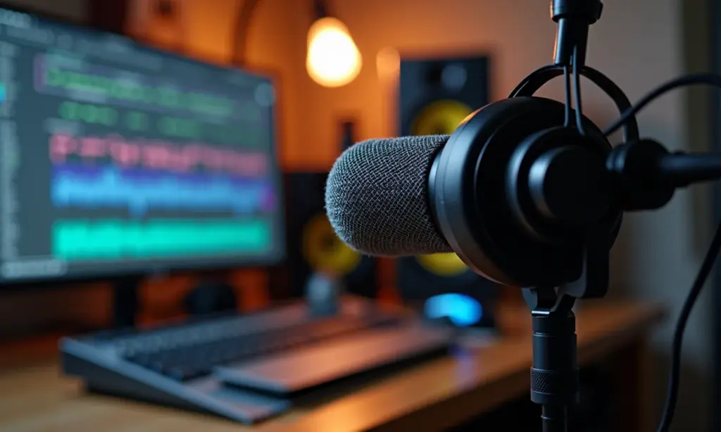 Setup profissional de ASMR com microfone condensador, binaural, interface, fones e software.