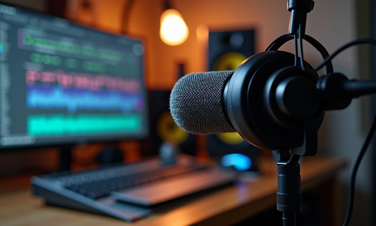 Setup profissional de ASMR com microfone condensador, binaural, interface, fones e software.