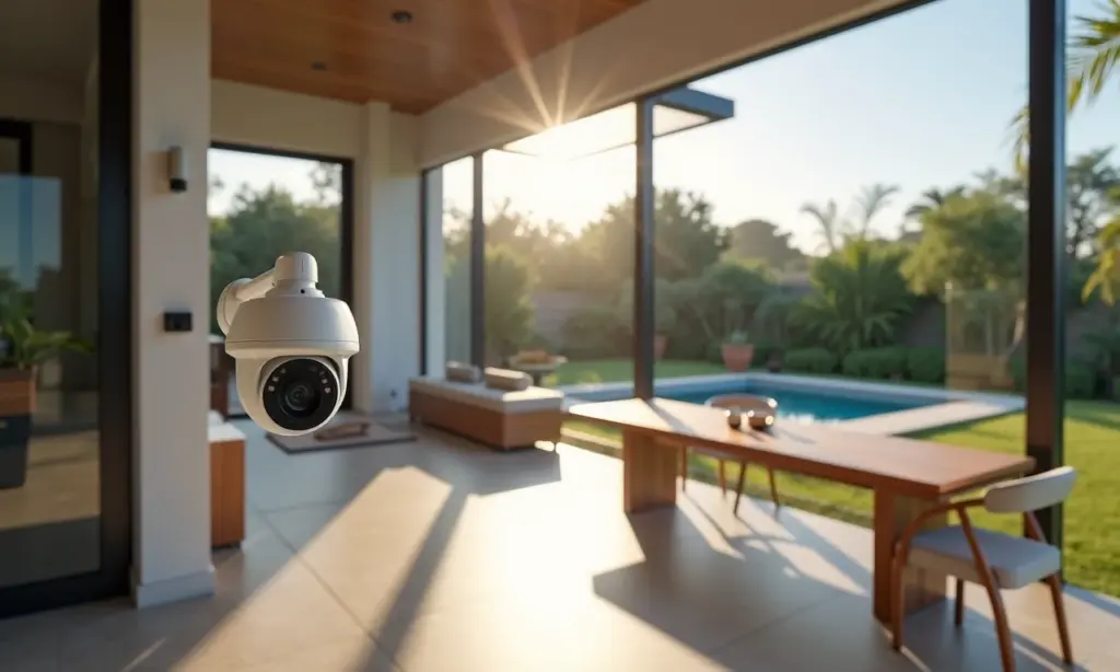 Sistema de segurança residencial com câmeras IP integradas em uma casa brasileira moderna.