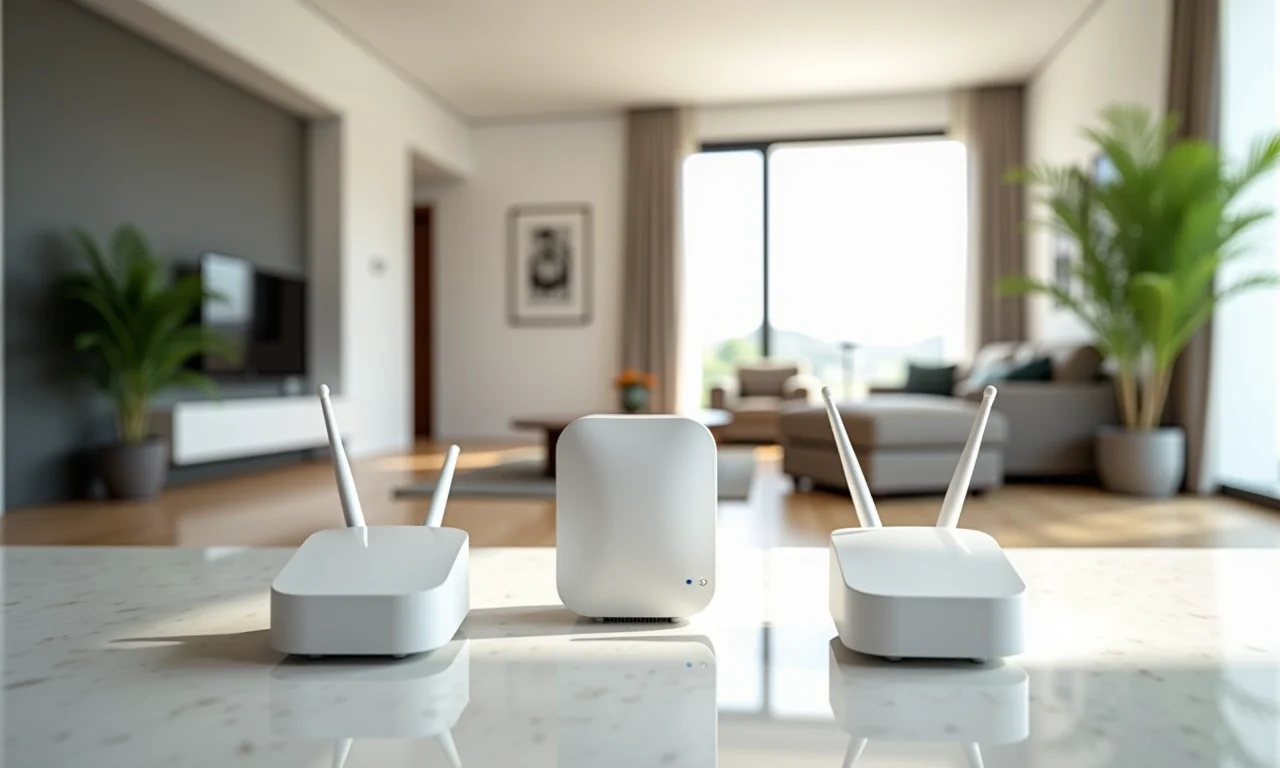 Sistema Mesh Wi-Fi moderno em apartamento brasileiro com design Farm Rio, cobertura total.