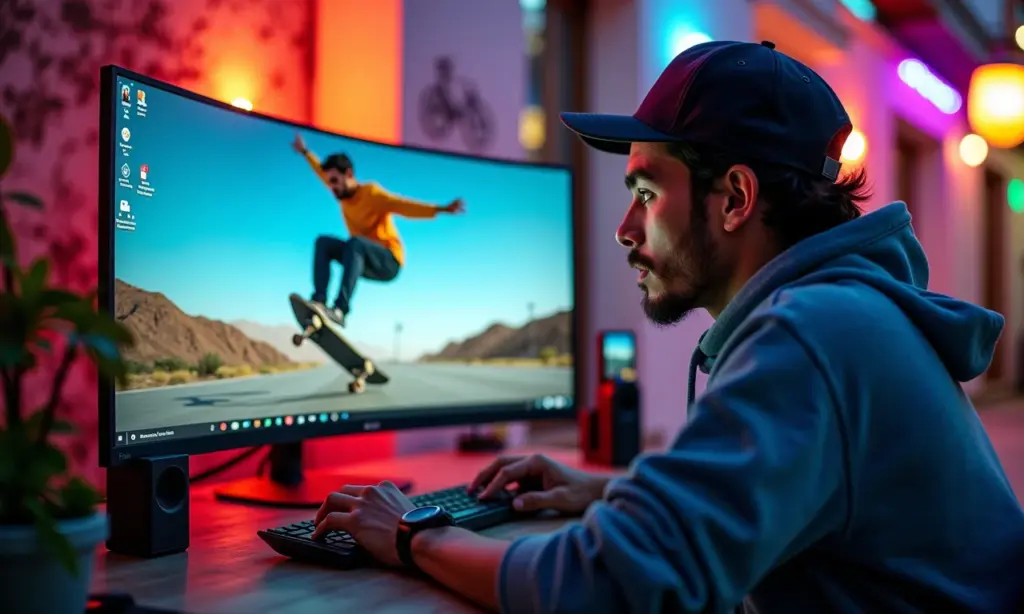 Skatistas Qual o Melhor Processador Para Edição de Manobras em Câmera Lenta Skatista profissional editando manobra em câmera lenta em um computador de alta performance.